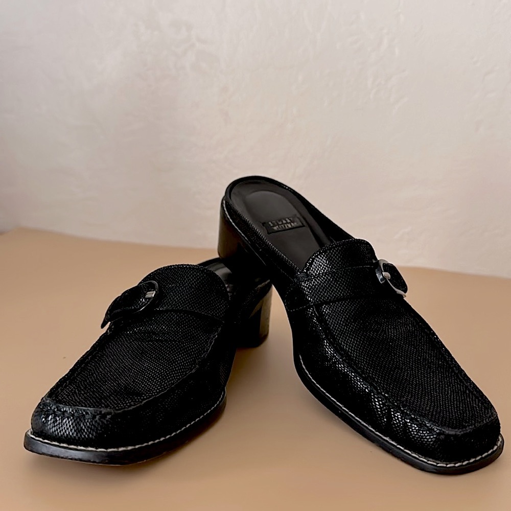 Stuart Weitzman dressy slip on leather chunky block heels mules 7AA narrow